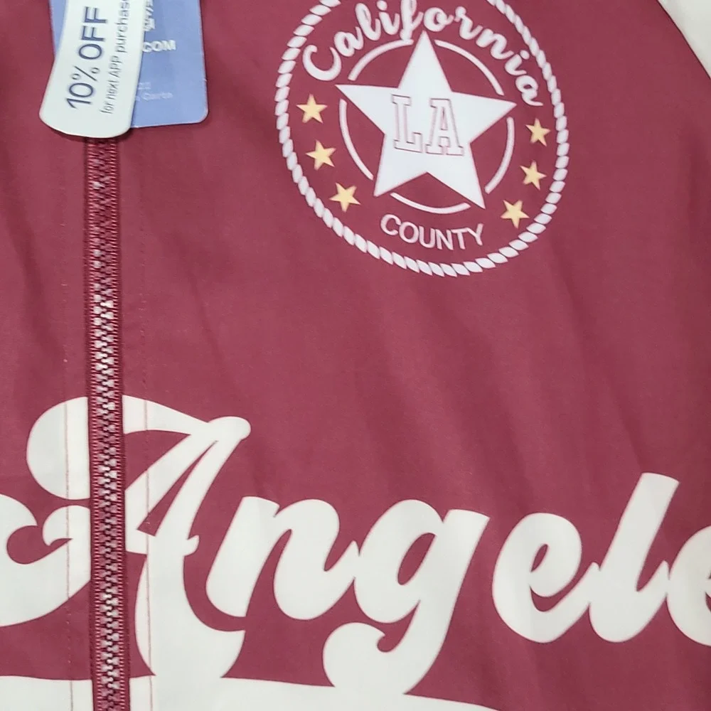 Romwe Los Angeles California Graphic Windbreaker Jacket Burgundy 66 Mens M NWT
